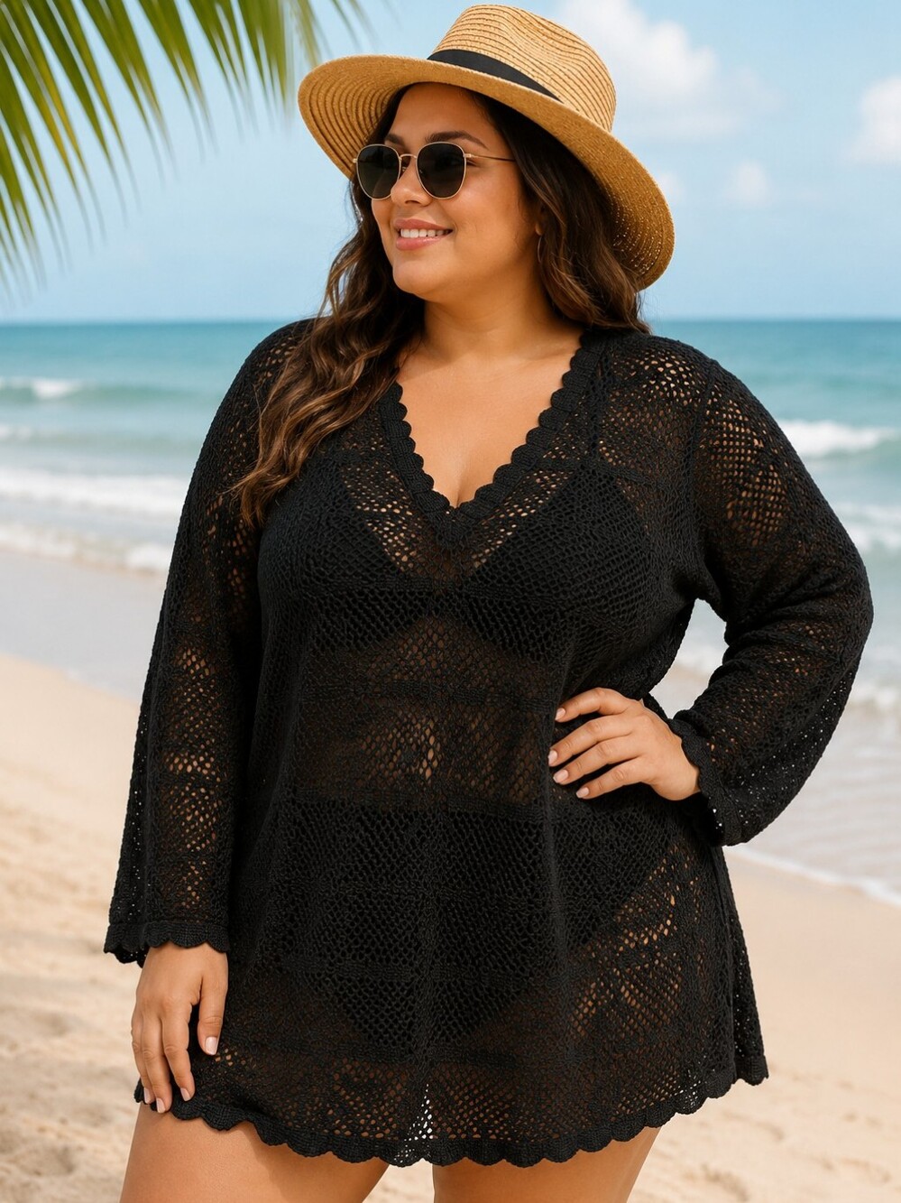 Cotton Roads Plus Size Long Sleeve Black Crochet V-Neck Cotton Swim Cover-Up 3X